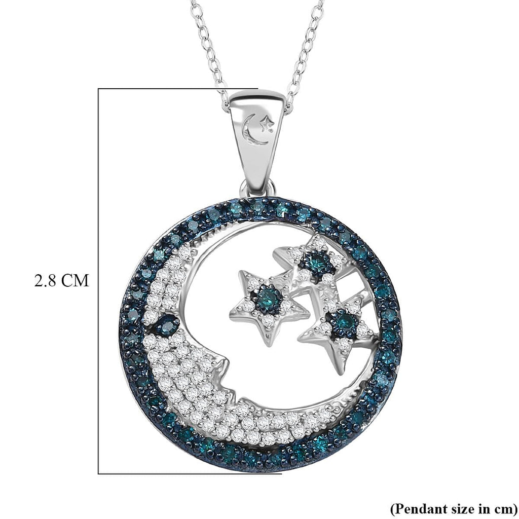 GP Celestial Dream Collection - Blue Diamond, Kanchanaburi Blue Sapphire & White Diamond Moon & Star Pendant with Chain (Size 20) in Rhodium Overlay Sterling Silver