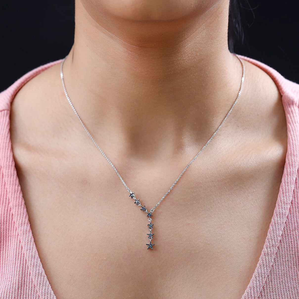 Blue Diamond Stars Necklace (Size - 18) in Platinum Overlay Sterling Silver 7688798 1