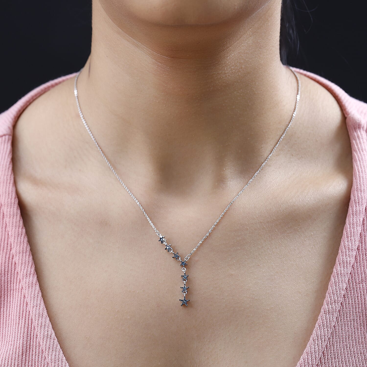 Blue Diamond Stars Necklace (Size - 18) in Platinum Overlay Sterling Silver 7688798 1