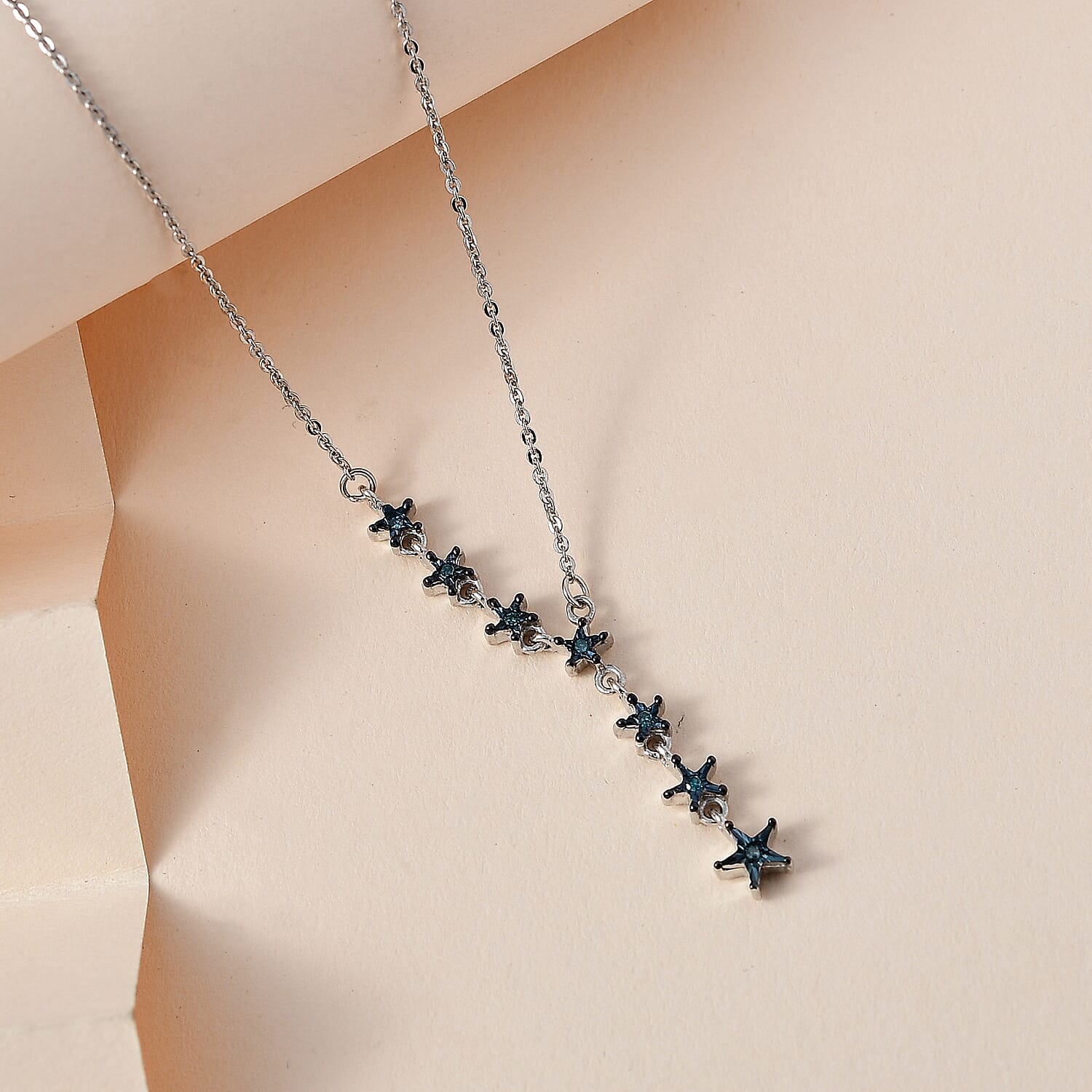 Blue Diamond Stars Necklace (Size - 18) in Platinum Overlay Sterling Silver 7688798 2