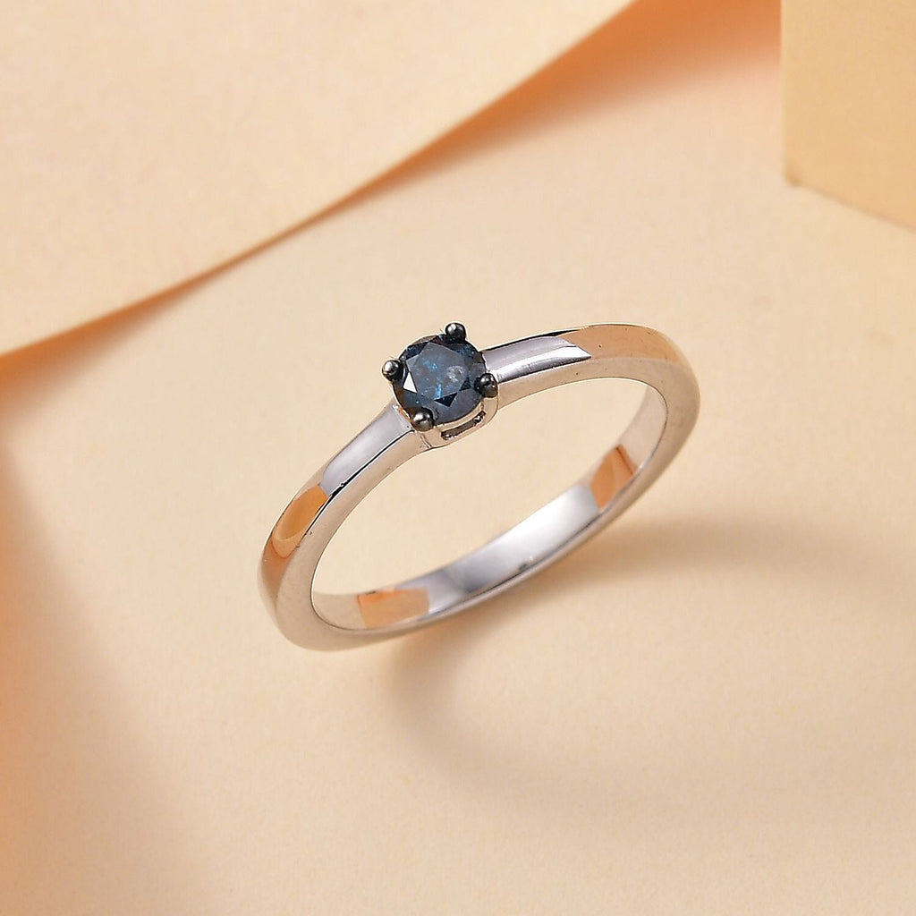 Blue Diamond Solitaire Ring in Rhodium Overlay Sterling Silver