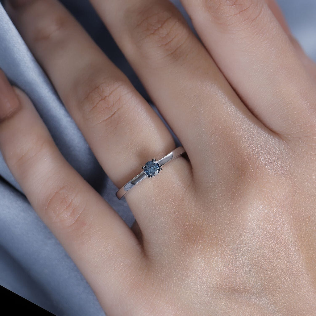 Blue Diamond Solitaire Ring in Rhodium Overlay Sterling Silver