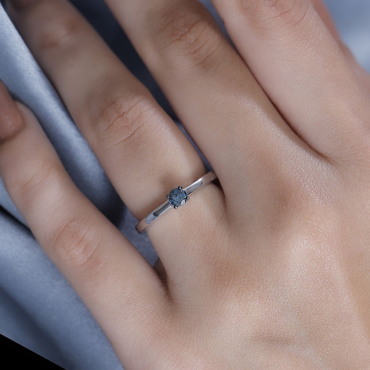 Blue Diamond Solitaire Ring in Rhodium Overlay Sterling Silver V32699787 2