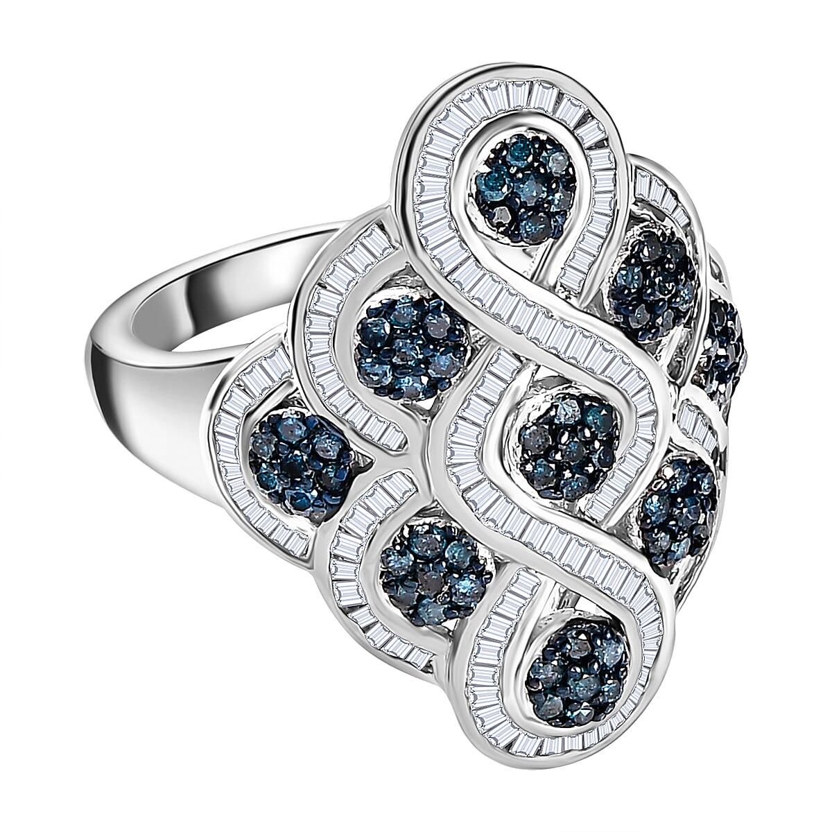 Blue and White Diamond Cluster Ring in Platinum Overlay Sterling Silver 7663194 0