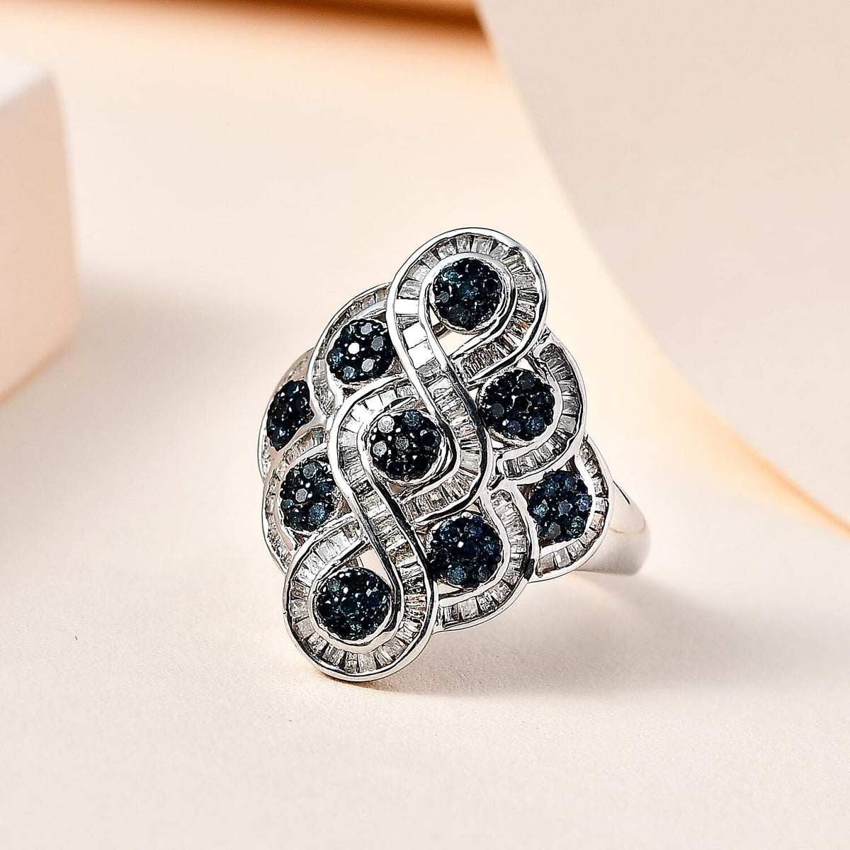 Blue and White Diamond Cluster Ring in Platinum Overlay Sterling Silver 7663194 1