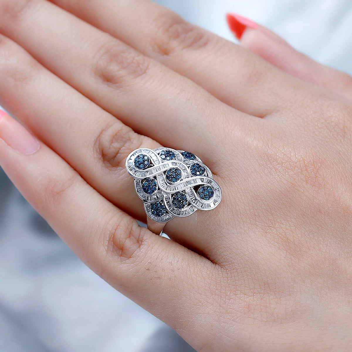 Blue and White Diamond Cluster Ring in Platinum Overlay Sterling Silver 7663194 2
