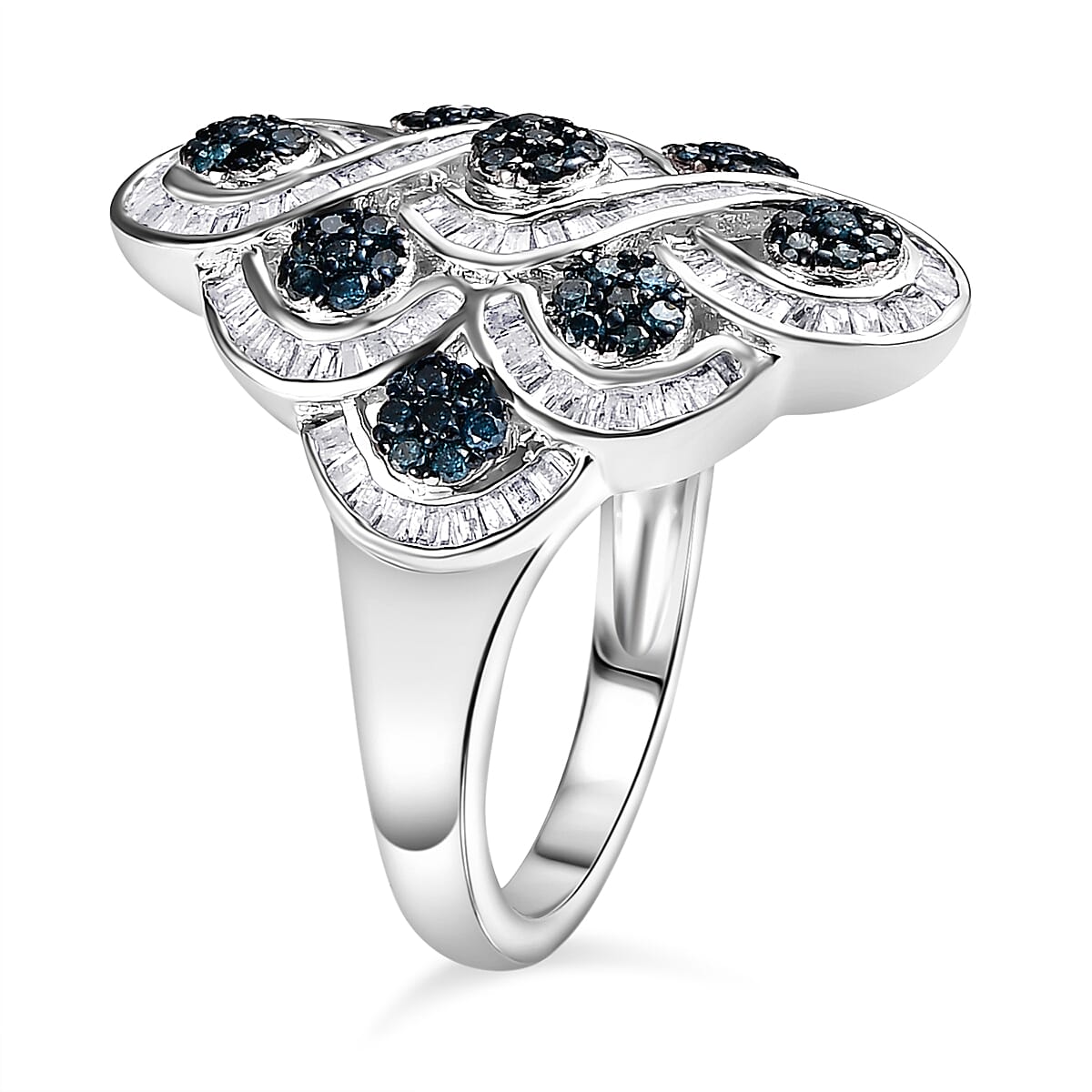 Blue and White Diamond Cluster Ring in Platinum Overlay Sterling Silver 7663194 3