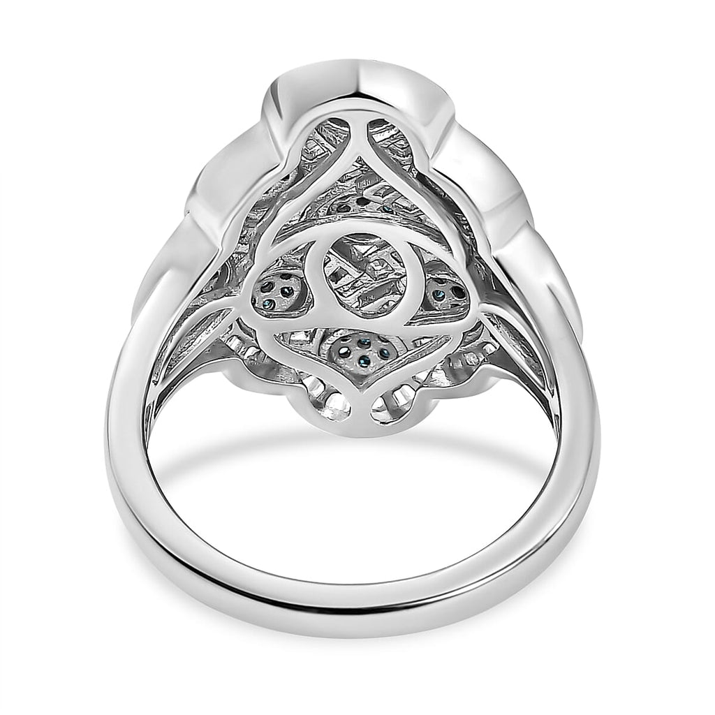 Designer Inspired Blue and White Diamond Ring in Platinum Overlay Sterling Silver 1.00 Ct