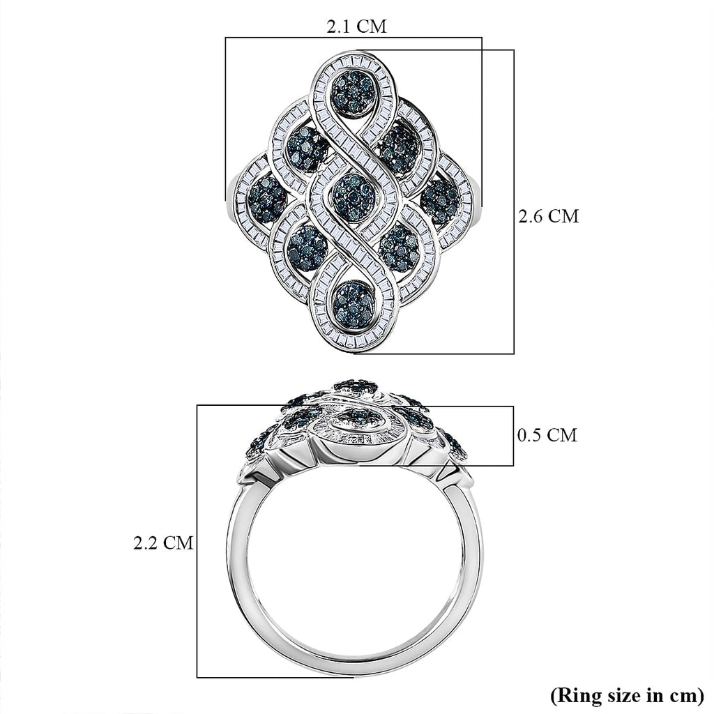 Designer Inspired Blue and White Diamond Ring in Platinum Overlay Sterling Silver 1.00 Ct