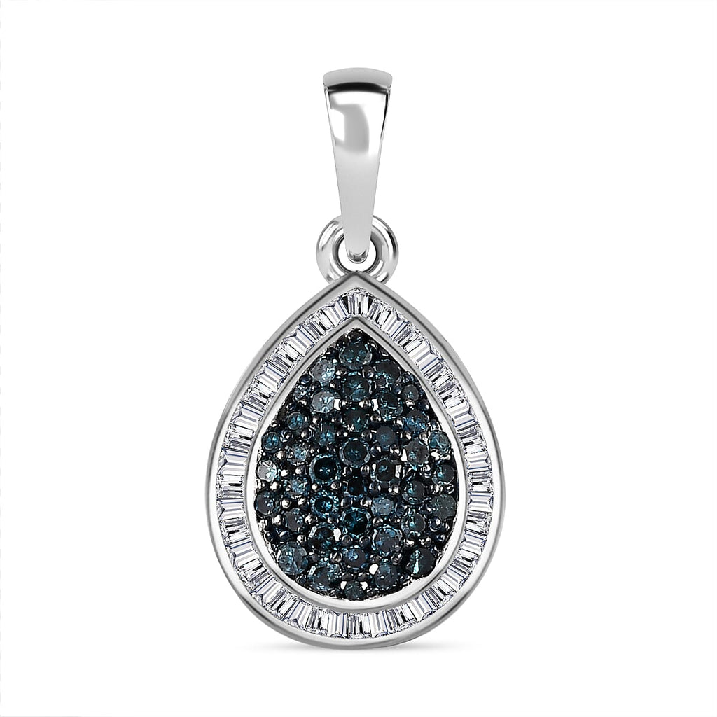 Blue & White Diamond Teardrop Pendant in Platinum Overlay Sterling Silver 0.51 Ct