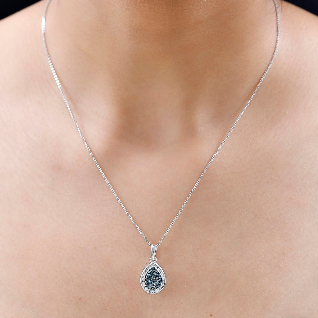 Blue & White Diamond Teardrop Pendant in Platinum Overlay Sterling Silver 0.51 Ct