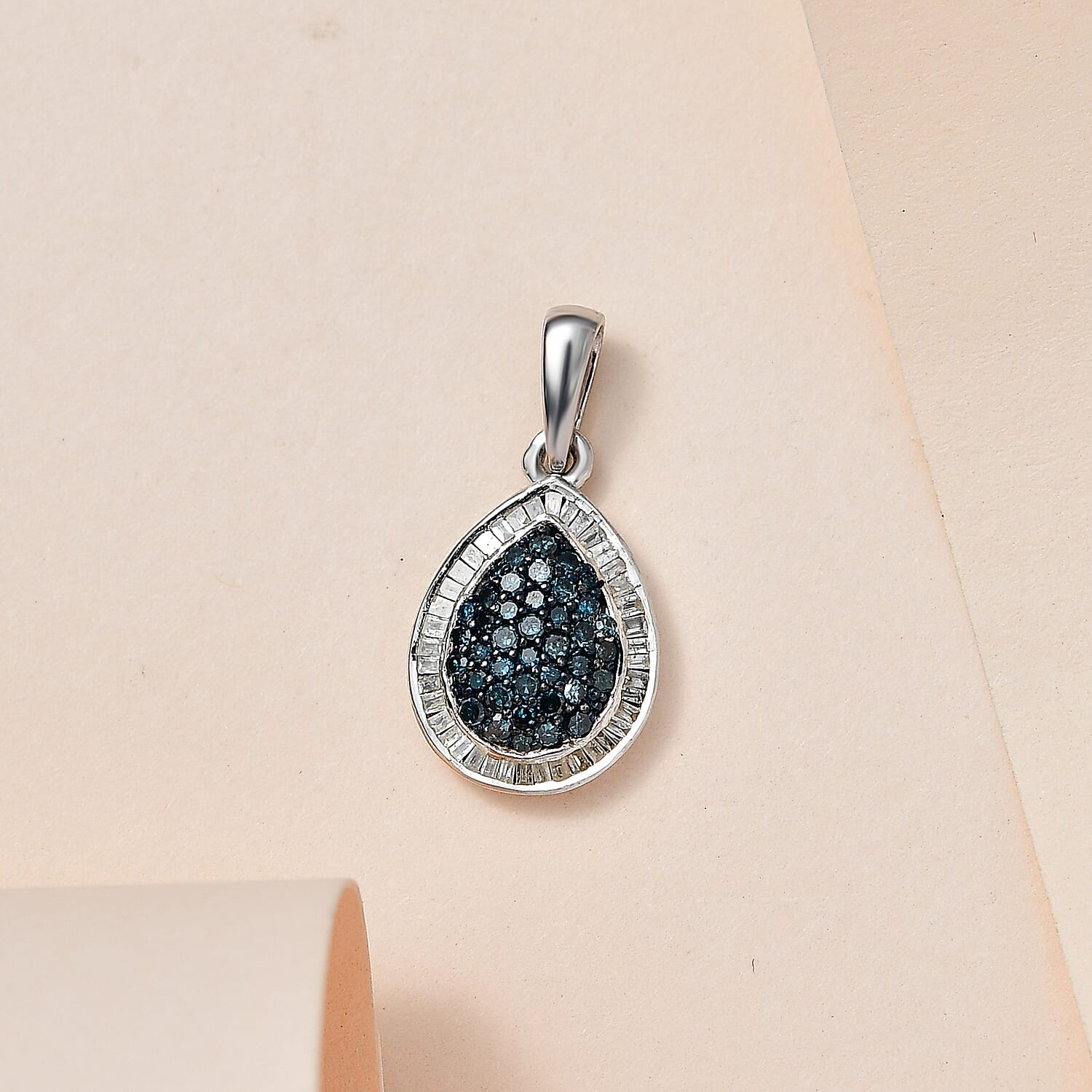 Blue &amp; White Diamond Teardrop Pendant in Platinum Overlay Sterling Silver 0.51 Ct 7658109 3
