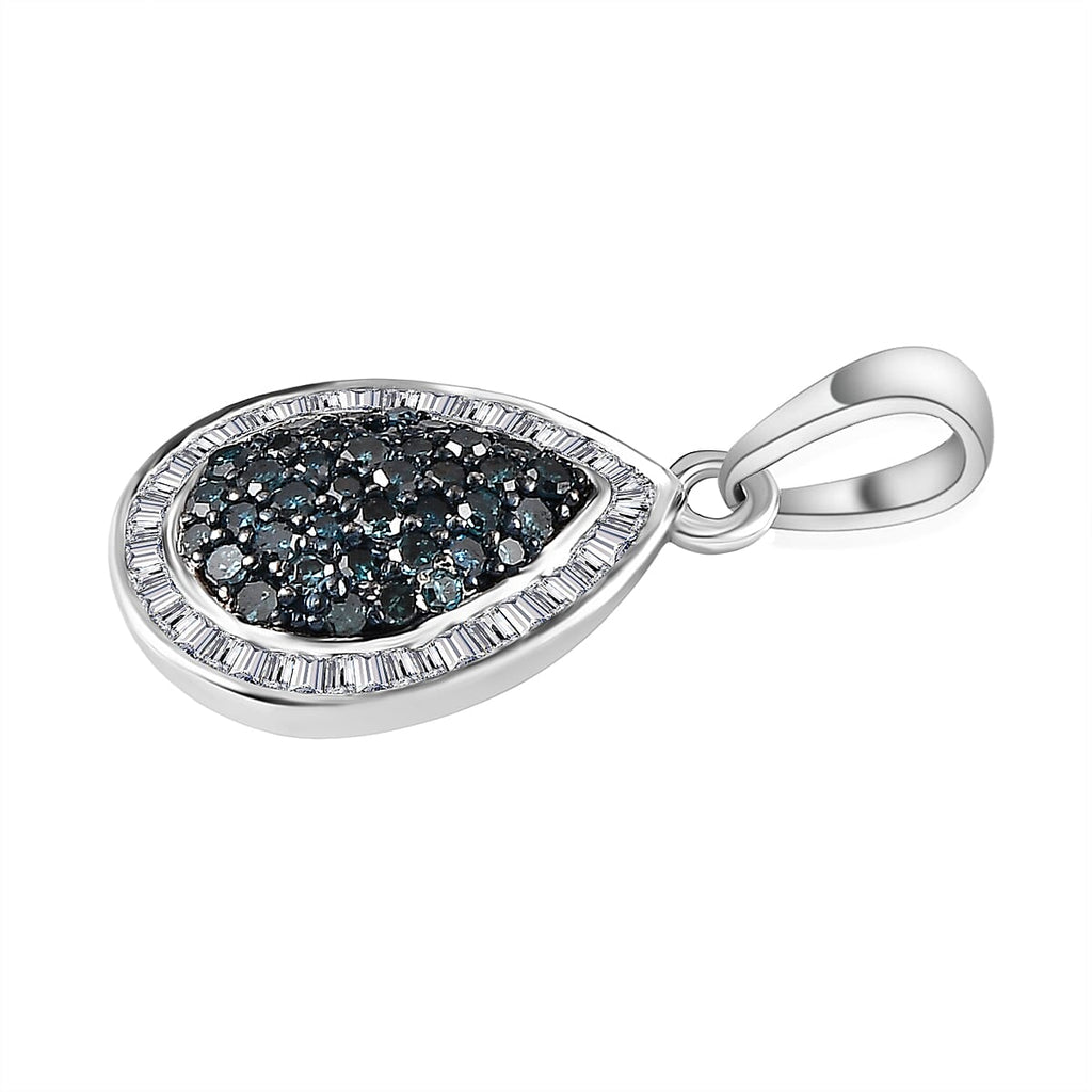 Blue & White Diamond Teardrop Pendant in Platinum Overlay Sterling Silver 0.51 Ct