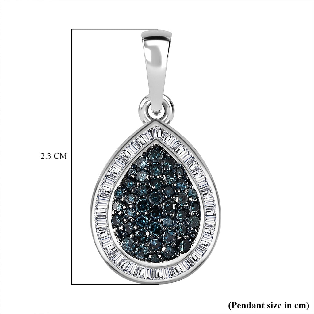 Blue & White Diamond Teardrop Pendant in Platinum Overlay Sterling Silver 0.51 Ct
