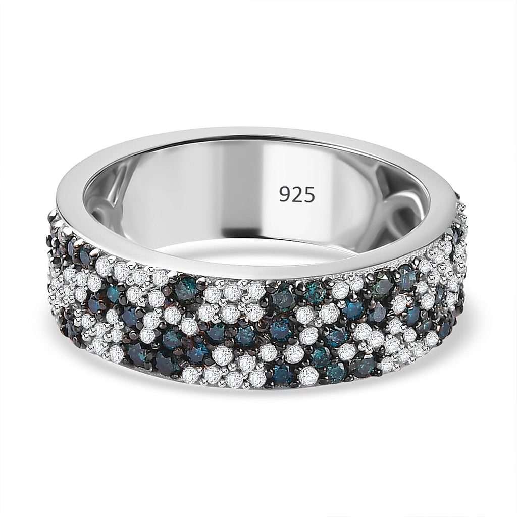 Designer Inspired -Blue & White Diamond Ring in Platinum Overlay Sterling Silver 1.00 Ct,