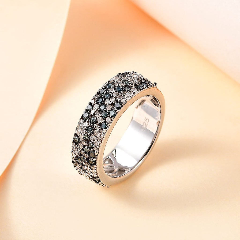 Designer Inspired -Blue & White Diamond Ring in Platinum Overlay Sterling Silver 1.00 Ct,