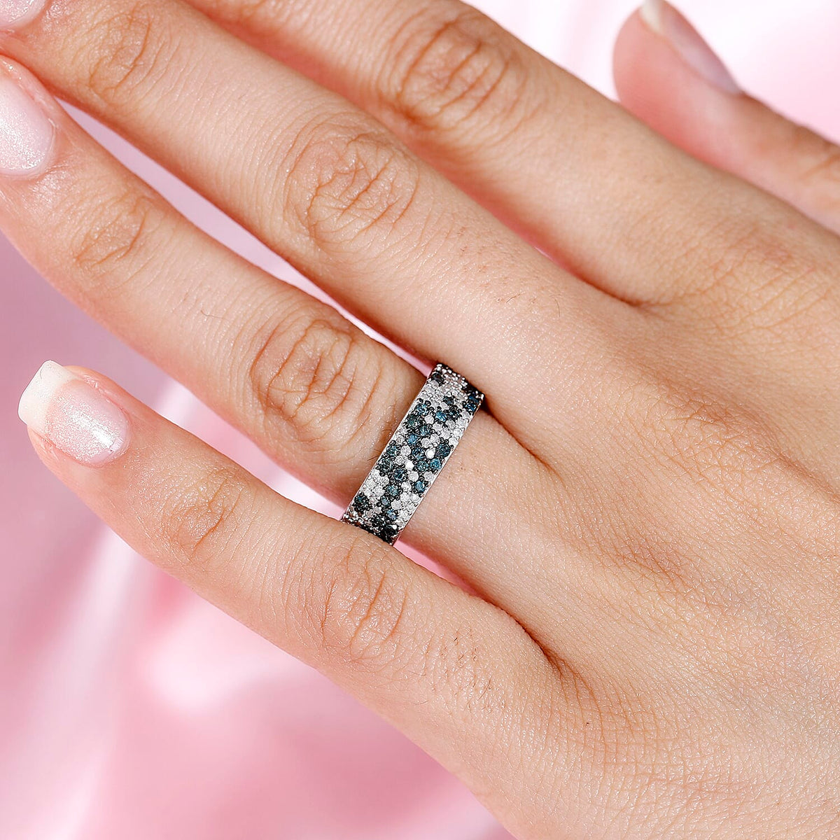 Blue and White Diamond Cluster Band Ring in Platinum Overlay Sterling Silver 7771434 3