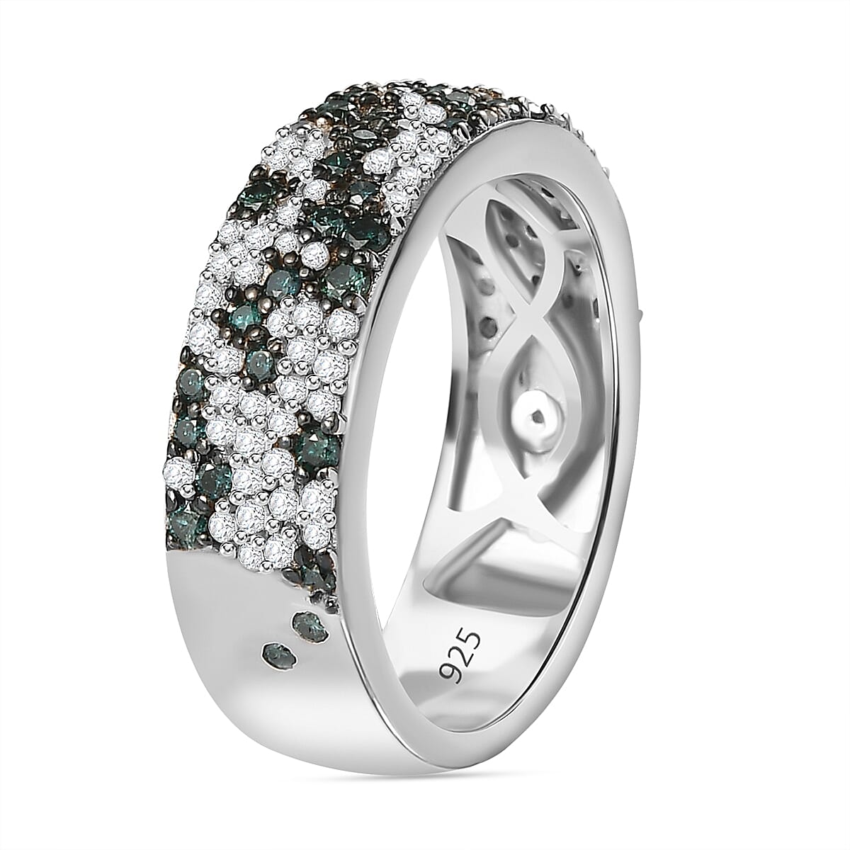 Blue and White Diamond Cluster Band Ring in Platinum Overlay Sterling Silver 7771434 4