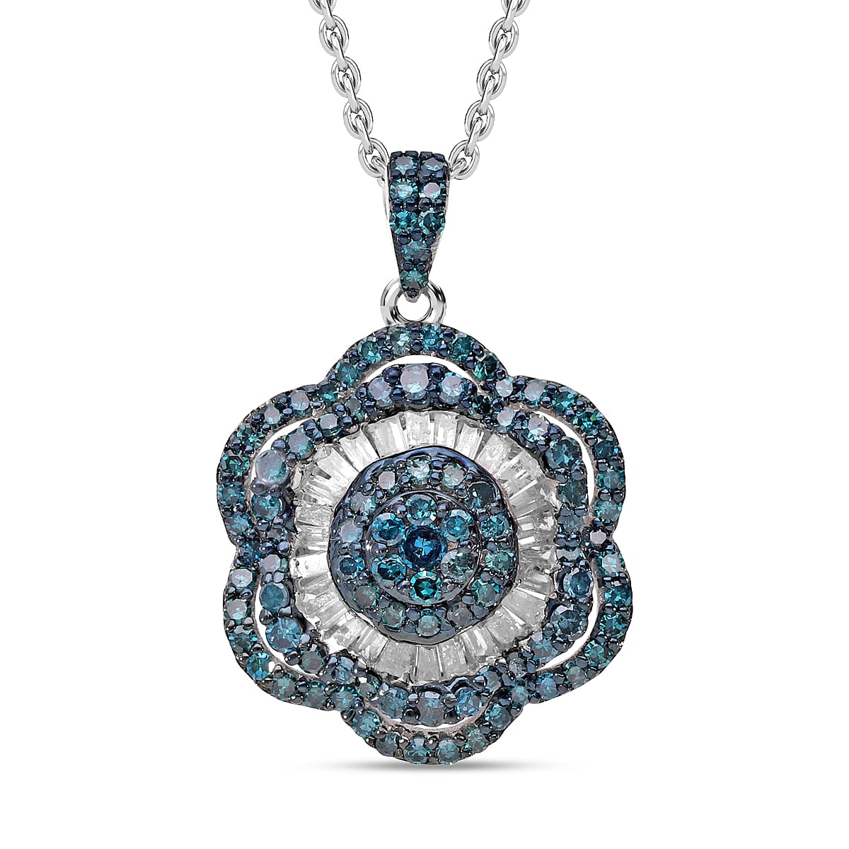 Designer Inspired- Blue Diamond and White Diamond Floral Pendant in Platinum Overlay Sterling Silver 7647179 0
