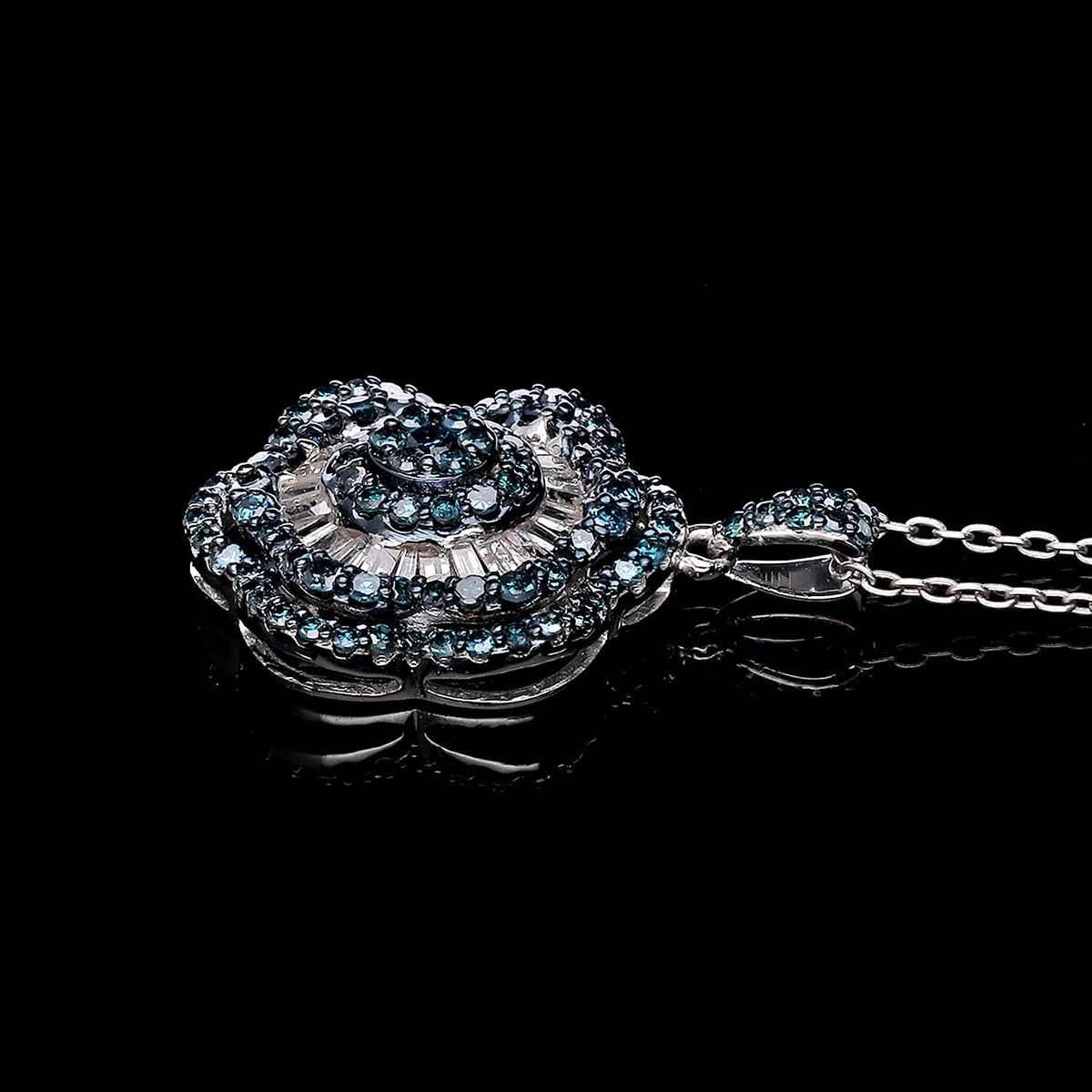 Designer Inspired- Blue Diamond and White Diamond Floral Pendant in Platinum Overlay Sterling Silver 7647179 2