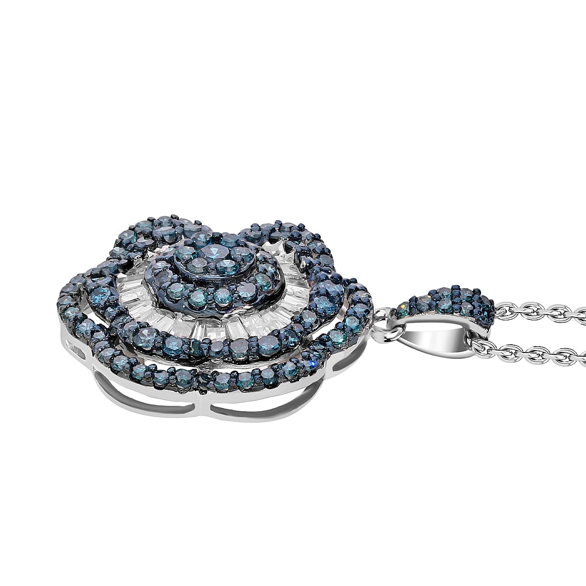 Designer Inspired- Blue Diamond and White Diamond Floral Pendant in Platinum Overlay Sterling Silver 7647179 3