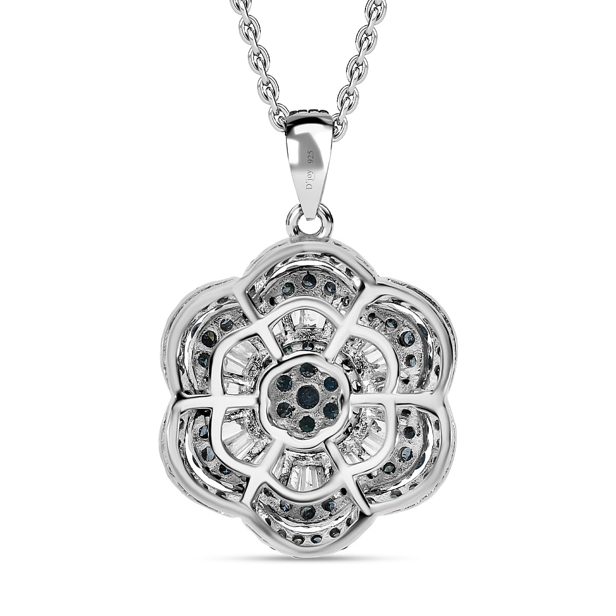 Designer Inspired- Blue Diamond and White Diamond Floral Pendant in Platinum Overlay Sterling Silver 7647179 4