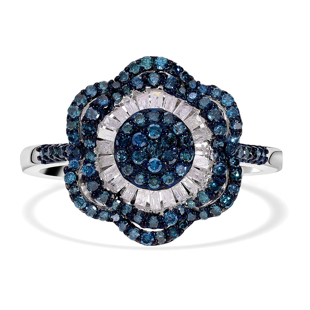 Designer Inspired- Blue Diamond and White Diamond Ring in Platinum Overlay Sterling Silver 1.00 Ct