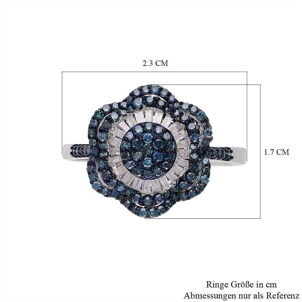 Designer Inspired- Blue Diamond and White Diamond Ring in Platinum Overlay Sterling Silver 1.00 Ct