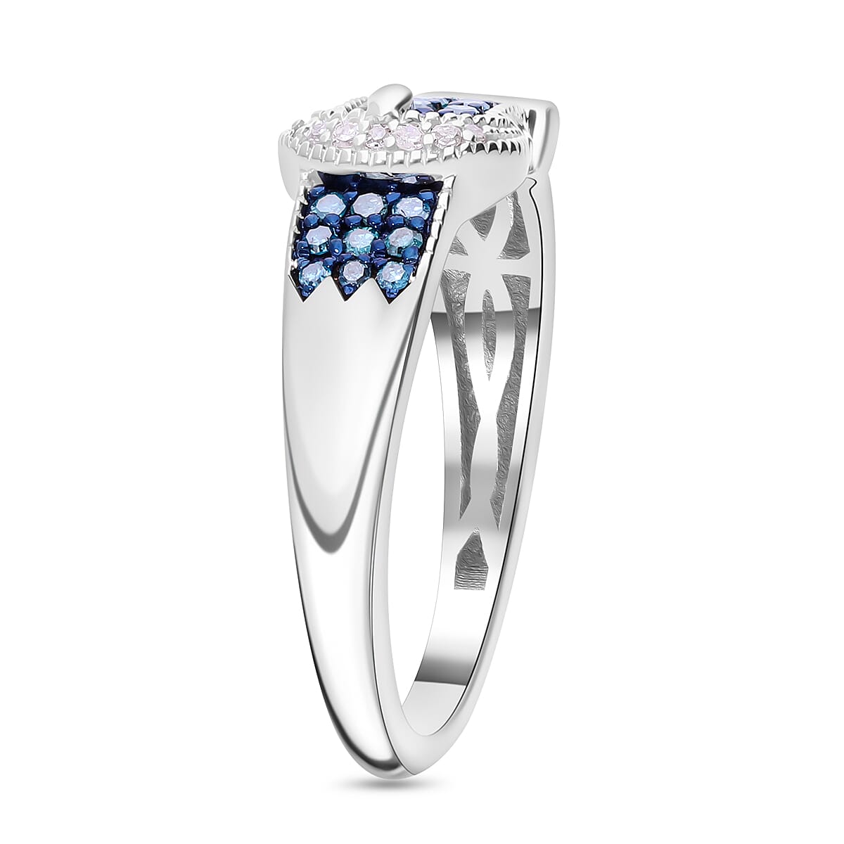 Designer Inspired Closeout - Blue Diamond with White Diamond  Buckle Ring in Platinum Overlay Sterling Silver 0.25 Ct 7806752 2