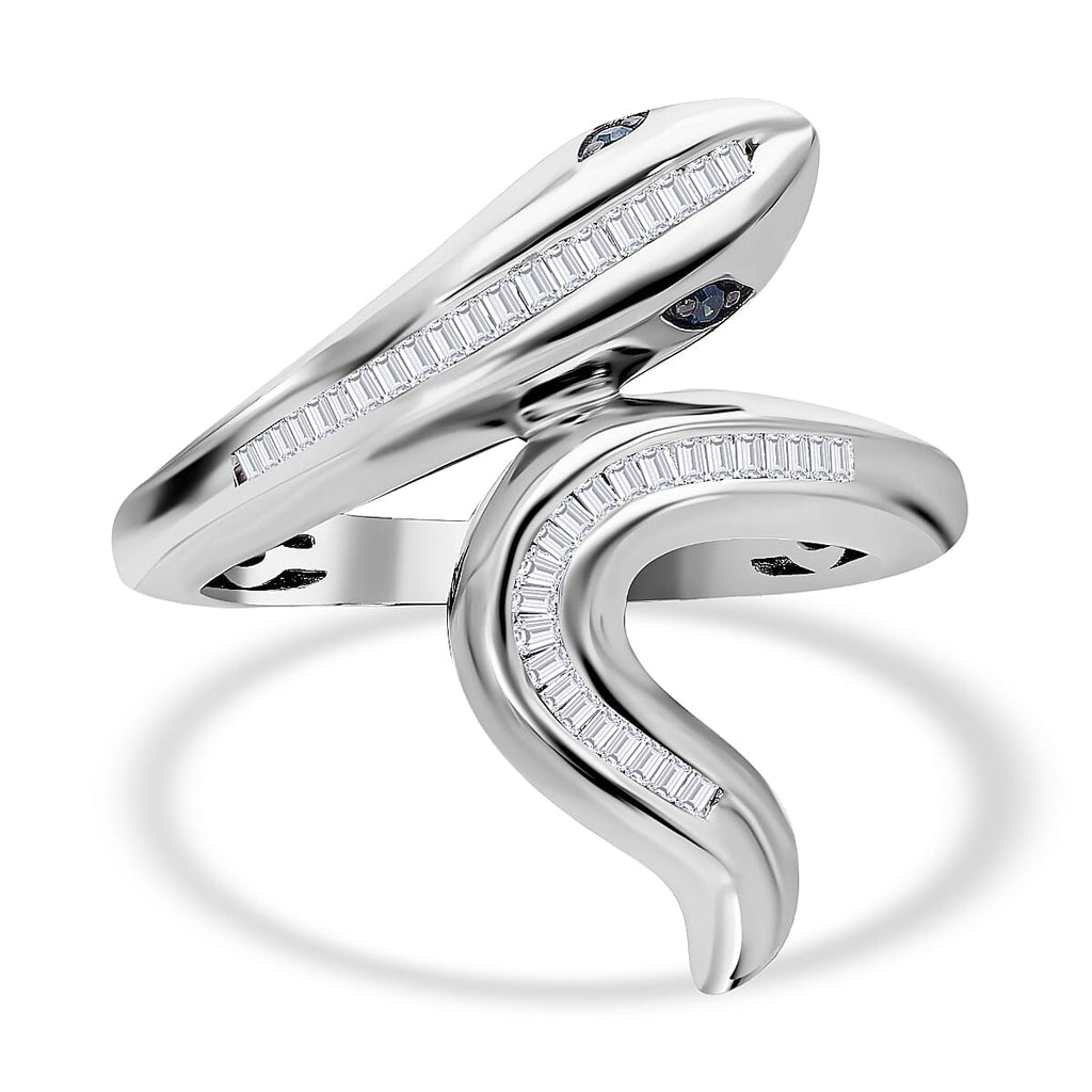 Serpent Year 2025 Deal - White and Blue Diamond Diamond Serpent Ring in Platinum Overlay Sterling Silver 0.25ct