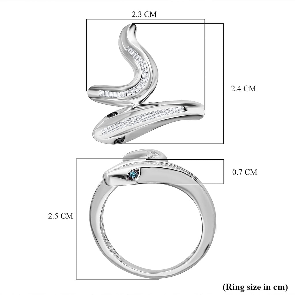Serpent Year 2025 Deal - White and Blue Diamond Diamond Serpent Ring in Platinum Overlay Sterling Silver 0.25ct