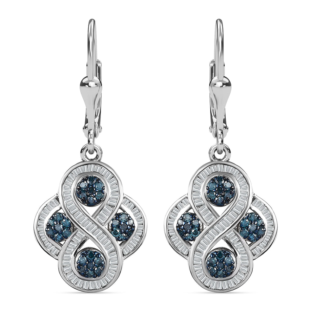 Designer Inspired Blue & White Diamond Earrings in Platinum Overlay Sterling Silver 1.00 Ct.