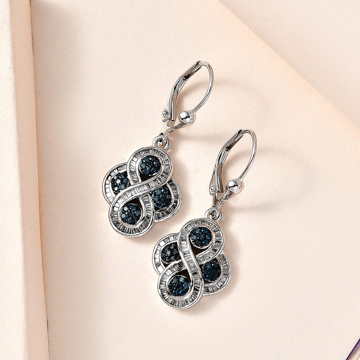 Blue Diamond, White Diamond Lever Back Earrings in Platinum Overlay Sterling Silver 7663281 1