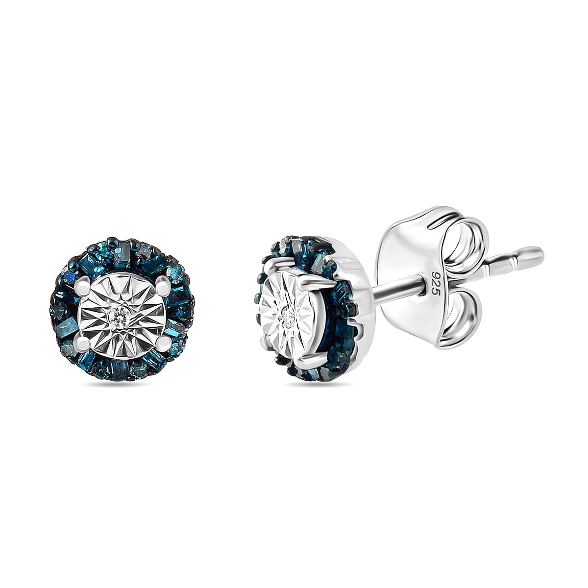 Blue Diamond ,  White Diamond  Solitaire Stud Push Post Earring in Platinum Overlay Sterling Silver 0.15 ct  0.148  Ct. 7668295 0