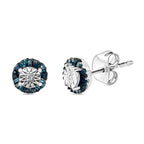 Blue Diamond ,  White Diamond  Solitaire Stud Push Post Earring in Platinum Overlay Sterling Silver 0.15 ct  0.148  Ct.