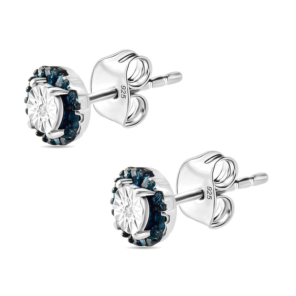 Blue Diamond ,  White Diamond  Solitaire Stud Push Post Earring in Platinum Overlay Sterling Silver 0.15 ct  0.148  Ct.