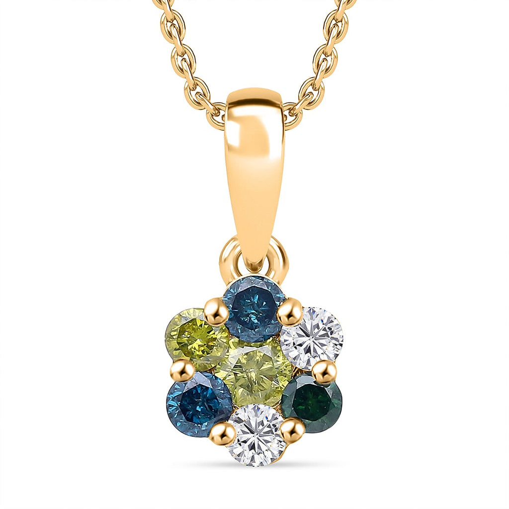 D'Joy Blue Diamond, White Diamond, Yellow Diamond & Green Diamond Pendant with Chain (Size - 20) in 18K Vermeil Yellow Gold Plated Sterling Silver 0.33 Ct.