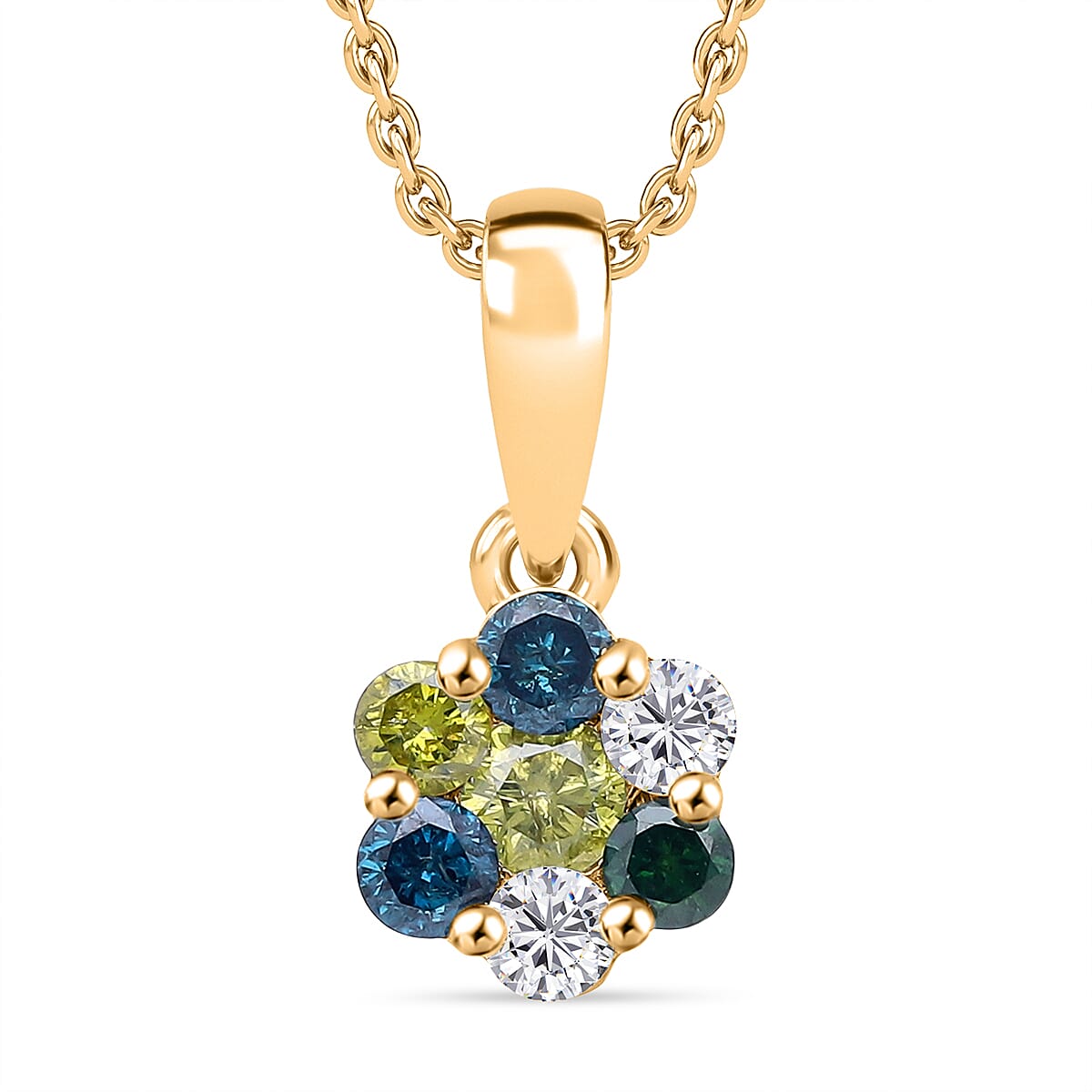 D'Joy Blue Diamond, White Diamond, Yellow Diamond &amp; Green Diamond Pendant with Chain (Size - 20) in 18K Vermeil Yellow Gold Plated Sterling Silver 0.33 Ct. V32520395 0