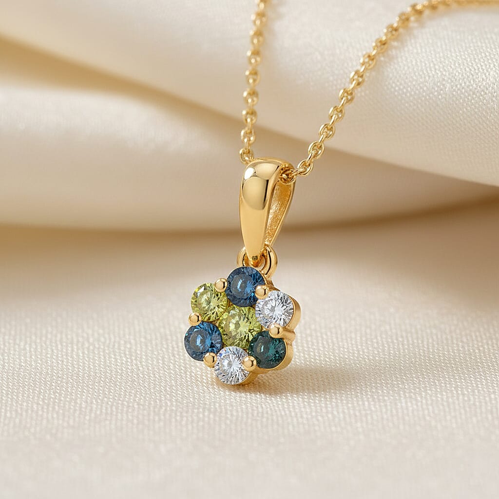 D'Joy Blue Diamond, White Diamond, Yellow Diamond &amp; Green Diamond Pendant with Chain (Size - 20) in 18K Vermeil Yellow Gold Plated Sterling Silver 0.33 Ct. V32520395 1