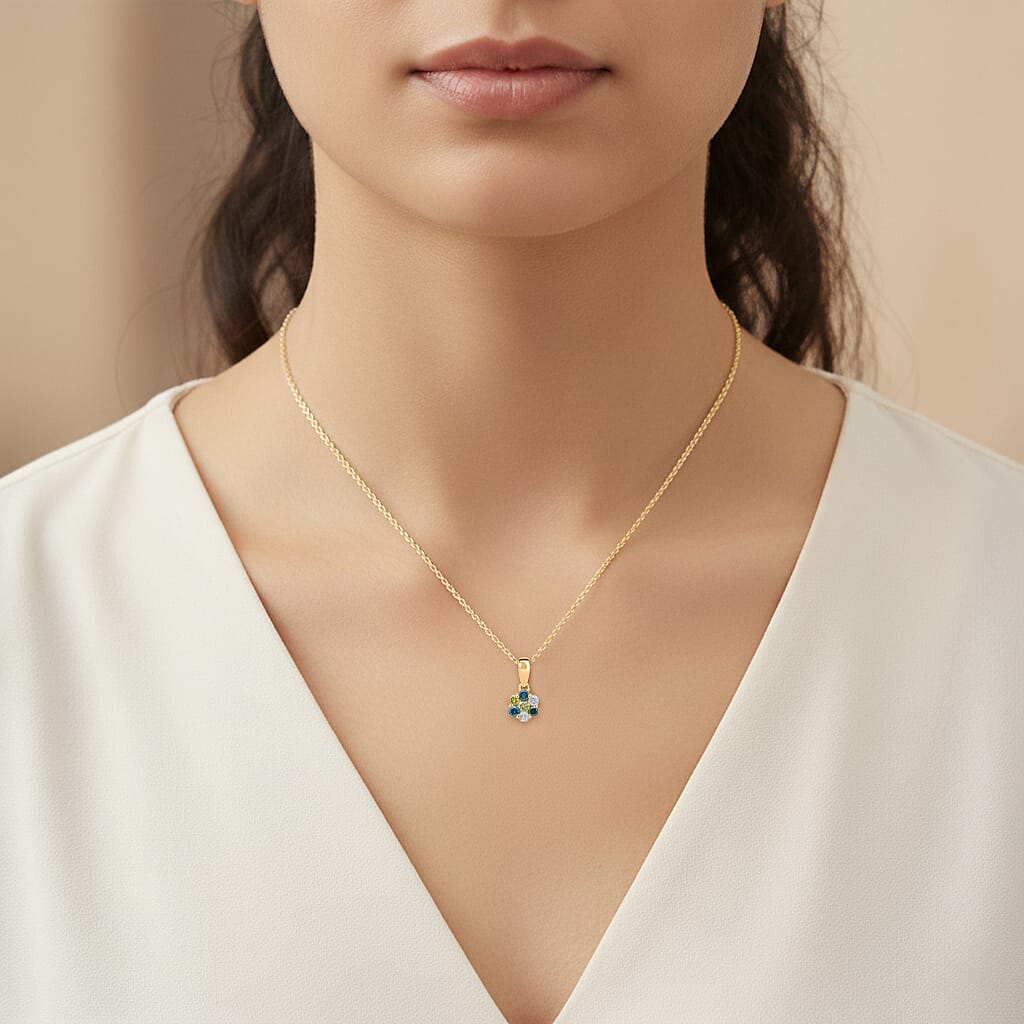 D'Joy Blue Diamond, White Diamond, Yellow Diamond & Green Diamond Pendant with Chain (Size - 20) in 18K Vermeil Yellow Gold Plated Sterling Silver 0.33 Ct.