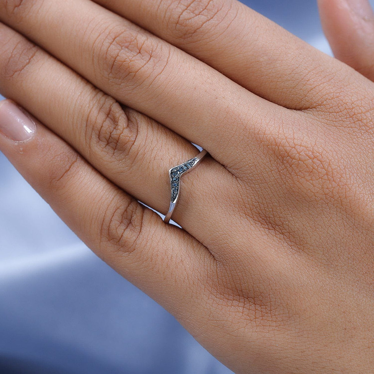 Blue Diamond Wishbone Ring in Sterling Silver with Platinum Plating 7365467 9