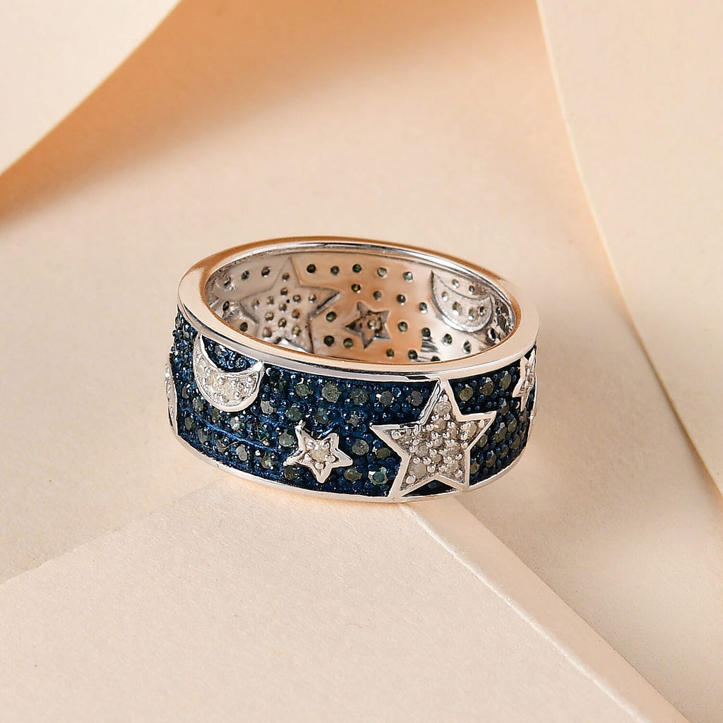 Designer Inspired -Blue Diamond and White Diamond Star Band Ring in Platinum Overlay Sterling Silver 1.00 Ct.