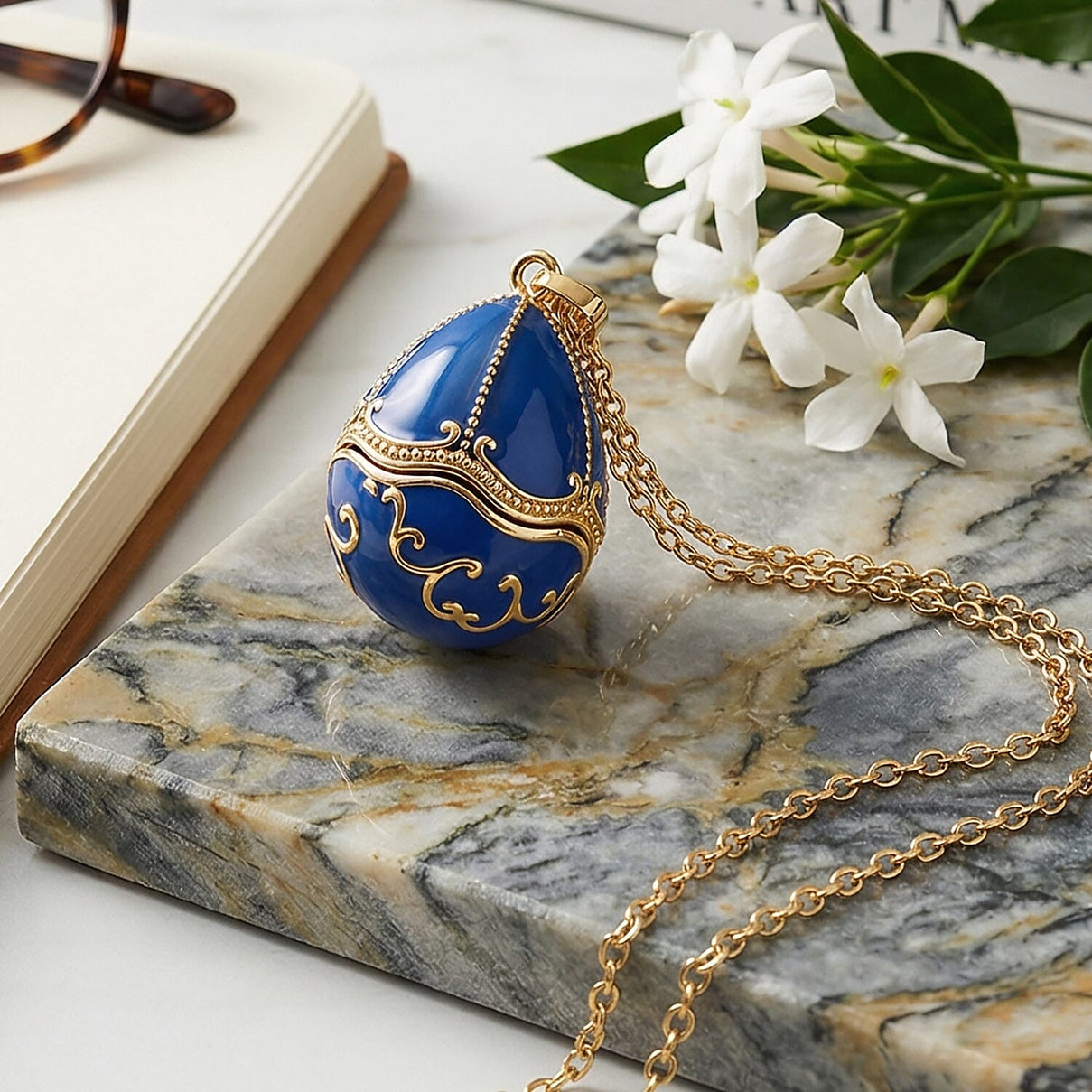 The Luxury Egg Collection -  Enamelled Egg Pendant with Chain (Size 24+2 Ext) - Blue 4468175 3