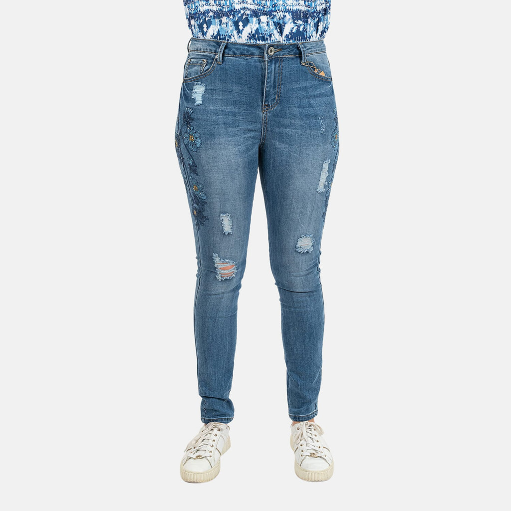 Blue Floral Embroidered Diamante Detail Slim Fit Jeans (Size 10)