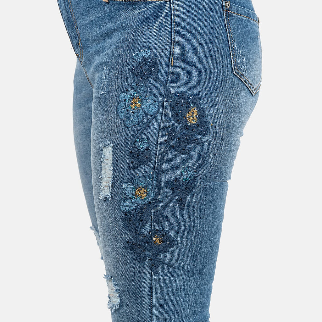 Blue Floral Embroidered Diamante Detail Slim Fit Jeans (Size 10)