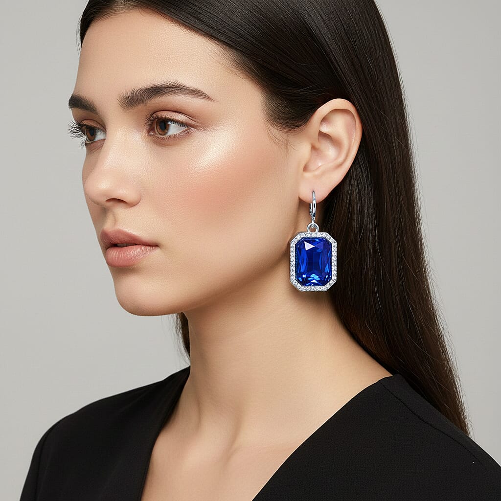 Blue Glass &amp; White Crystal Halo Earring with Hoop V32512752 3