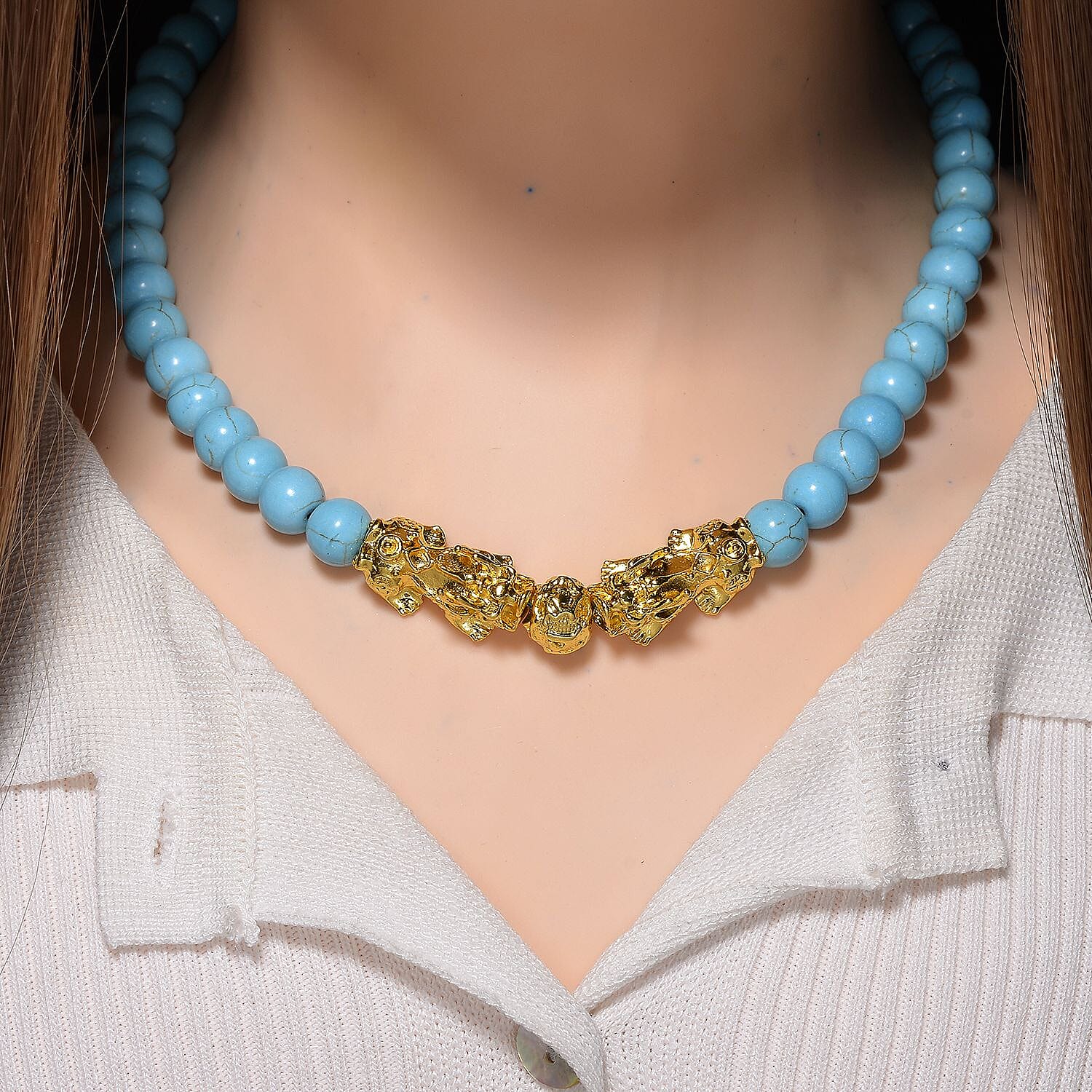 Blue Howlite Beads, Pixiu Necklace (Size 18 - 2 Ext) in Yellow Goldtone 330.00 Ct. 8172094 1