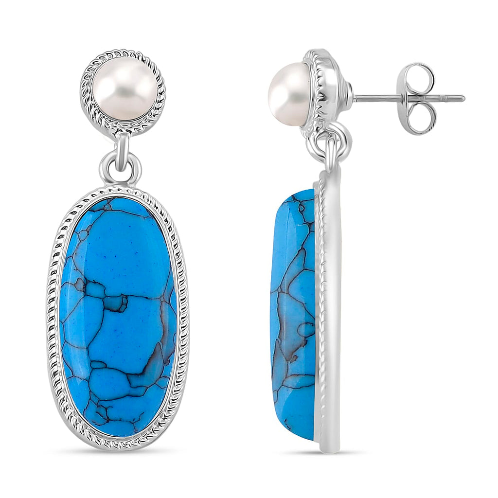 Blue Howlite & White Fresh Water Pearl Earring with Push Back 30.00 Ct.