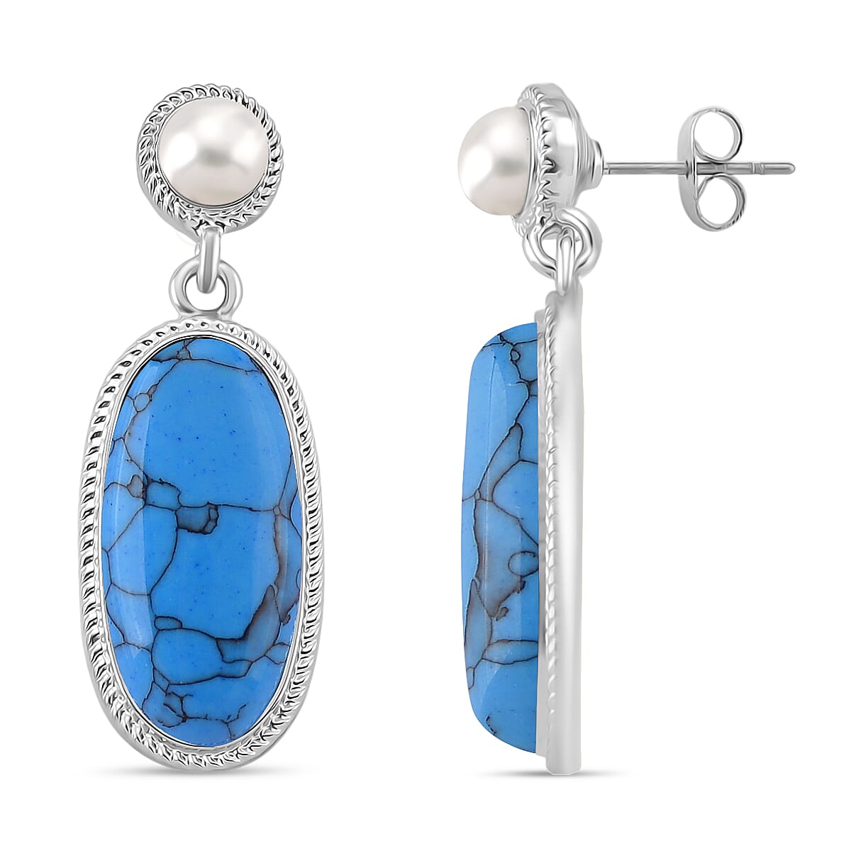 Blue Howlite &amp; White Fresh Water Pearl Earring with Push Back 30.00 Ct. V32636944 0