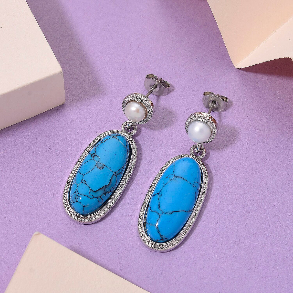 Blue Howlite &amp; White Fresh Water Pearl Earring with Push Back 30.00 Ct. V32636944 1